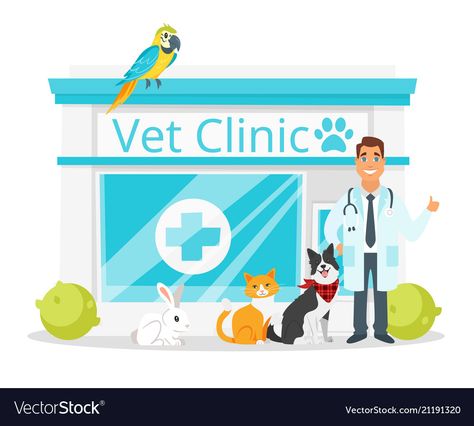 Vet clinic with doctor Royalty Free Vector Image Vet Illustration, Vet Clipart, Hospital Drawing, Veterinarian Clinic, Doctor Vector, Pet Care Logo, Cardboard City, Animal Doctor, Vet Clinic