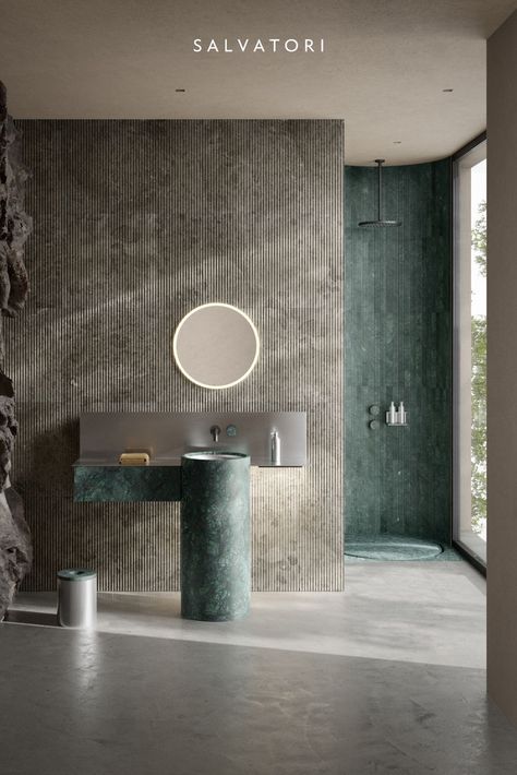 bathroom in natural stone in which stands out the freestanding cylindrical sink, to which is applied a rectangular countertop, all made of natural stone. The shapes of the various elements are geometric and clean and instill a sense of order and modernity. Washbasin Design, Homes To Love, Washroom Design, Bathroom Redesign, Patricia Urquiola, Toilet Design, Milan Design, Bathroom Collections, Elegant Bathroom