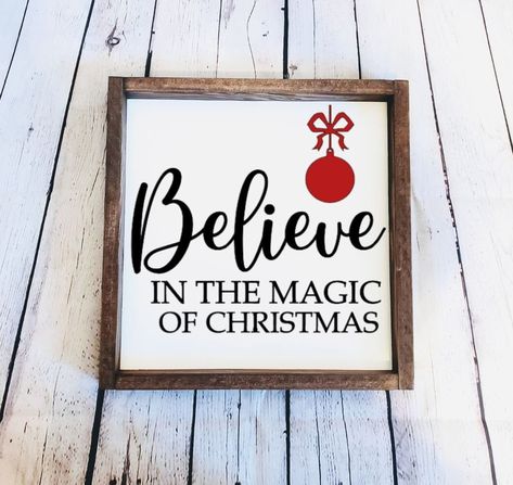 "Materials: Wood, Paint, Stain Grab some Cutie Christmas Decor to add to Your Collection!  Description: \" Believe in the Magic of Christmas \" *Ornament on this Sign is a Burgandy Red Color. This sign would make the perfect gift for yourself to Decorate Your Home with or family and friends :) When checking out you can pick your choice of: -Stain and Background Color -Size STAIN COLORS: -Honey Stain -Dark Walnut Stain -Weathered Gray Stain -Ebony (Black) Stain -Washed Stain (Washed Stain is a co Weathered Grey Stain, Christmas Accents, Dark Walnut Stain, Christmas Signs Wood, Cricut Vinyl, Stain Colors, Christmas Wood, Christmas Signs, Farmhouse Christmas