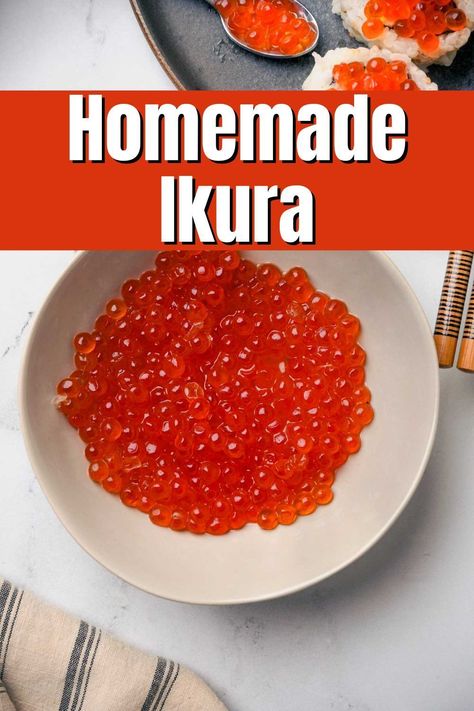 An ultra easy to recipe to make, this Ikura, or cured salmon roe, is made with just a few ingredients and is ultra decadent and fancy! Curing fresh salmon roe in a brine of dashi, soy sauce and a touch of sugar gives the ikura and amazing, umami flavor, which pairs perfect with the richness of the roe. Salmon Roe Recipes, Ikura Recipe, Thai Shrimp Salad, Sashimi Bowl, Udon Stir Fry, Salmon Caviar, Cured Salmon, Dashi Broth, Caviar Recipes