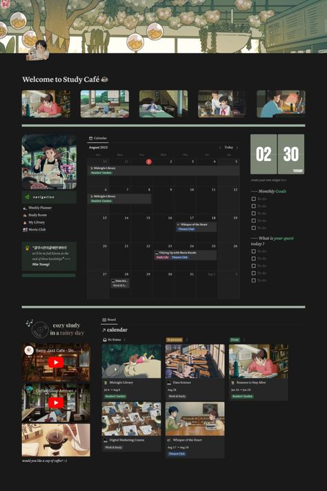Free Study Café Notion Template (dark mode) Notion Desktop Templates, Vintage Notion Template, Notion Timetable Template, Student Planner Notion Template Free, Notion Studio Ghibli Template, Dark Academia Notion Template Free, Autumn Notion Template, Notion Home Page Template Free, Study Notion Template Free