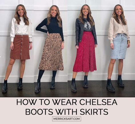 4 Ways to Wear Chelsea Boots With Skirts - Merrick's Art Midi Skirt Chelsea Boots, Midi Skirt With Chelsea Boots, Chelsea Boots Skirt, Midi Dress With Boots, Midi Skirt With Boots, Ankle Boots Skirt, Boots With Dresses, Skirt Outfits With Boots, Chelsea Boots Dress