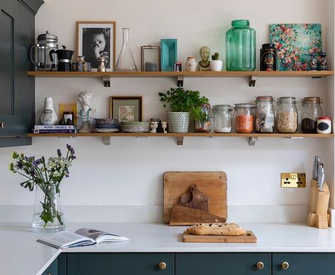 Kitchen Open Shelf Storage, No Cabinet Kitchen Open Shelving, Exposed Shelves Kitchen, Styling Open Shelves In Kitchen, Shelves Plants, Kitchen Open Shelf, Kitchen With Open Shelves, Kitchen Design Studio, Open Shelving In The Kitchen