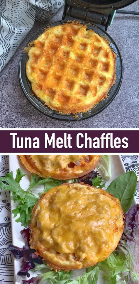 Bariatric Chaffle Recipes, Chaffle Recipe Keto Easy Mozzarella, Tuna Chaffle Recipe, Cheeseburger Chaffle, Chaffels Recipes, Chaffle Ideas, Pizza Chaffles, Keto Sandwiches, Keto Chaffle Recipes