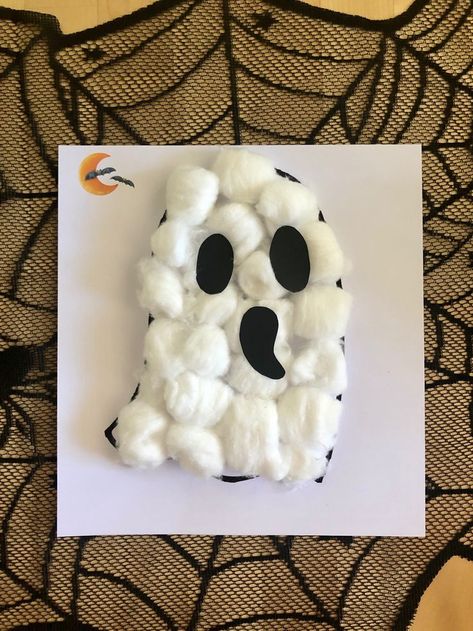 One of the elements of the Halloween Box 2021 - a simple yet fun Cotton wool Ghost. #ghostcraft #cottonwoolghost #halloweentreat #halloweencraft #halloweenbox Puffy Ghost Craft, Cotton Ball Ghost, Cotton Ball Crafts, Ghost Project, Autumn School, Halloween Box, Ghost Crafts, Fall Halloween Crafts, Halloween Craft