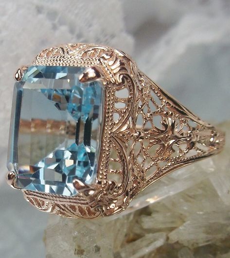 Sky Blue Topaz Ring, Victorian Filigree, Victorian Accessories, Emerald Ring Engagement Diamond, Red Heart Earrings, Jewelry Gift Guide, Ring Rosegold, Autumn Design, Edwardian Jewelry