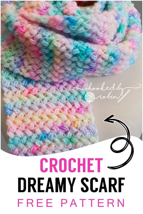 Crochet Dreamy Scarf [Free Video Tutorial & Written Pattern!] — Hooked by Robin Crochet Kids Scarf Free Pattern, Free Kids Crochet Scarf Pattern, Scarf Crochet Stitches, Toddler Scarf Crochet Pattern Free, Crochet Christmas Scarf Pattern Free, Kid Scarf Crochet Pattern Free, Kids Scarf Crochet Pattern Free, Crochet Scarf Kids, Bean Stitch Scarf