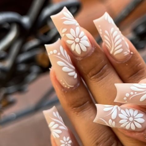 White Talavera Nails, Mexican Nail Designs Ideas, Mexican Inspo Nails, Mexican Wedding Nails, Tequila Nails Design, Flower Wedding Nails, Mexican Theme Nails, Coffin Wedding Nails, Dia De Los Muertos Nail Ideas