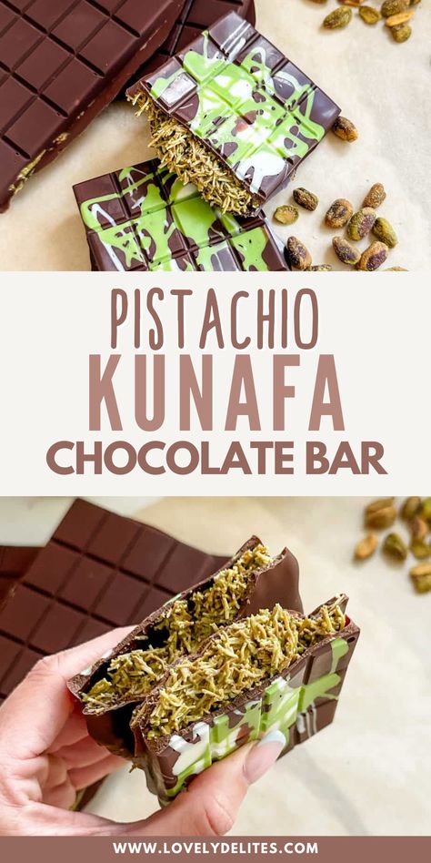 Learn how to make the Viral Pistachio Kunafa Chocolate Bar. This recipe combines dark chocolate, crunchy fried dough, and pistachio butter to create a delicious treat. And it is such a unique dessert to share! How To Make Dubai Pistachio Chocolate, How To Make Dubai Chocolate Bar, Pistachio Butter Recipe Desserts, Pistachio Chocolate Bar Recipe, Pistachio Knafeh Chocolate Bar, Dubai Viral Kunafa Chocolate Recipe, Knafeh Chocolate Bar Recipe, Pistachio Kunafa Chocolate Bar, Viral Pistachio Chocolate Dubai