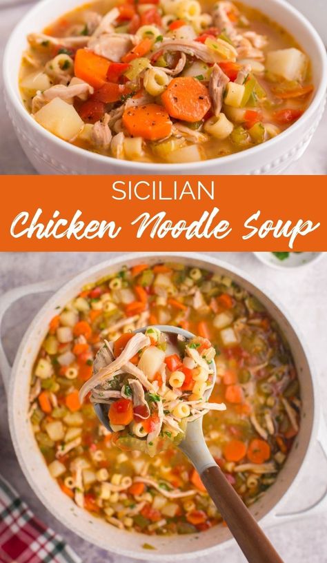 This Sicilian Chicken Noodle Soup combines the comfort of plain old chicken noodle soup with the zest and fun of Italian cooking. via @familyfresh Chicken Noodle Soup With Veggies, Chicken Noodle Soup With Vegetables, Chicken Noodle And Vegetable Soup, Italian Chicken Noodle Soup Recipes, Chicken Noodle Soup Veggies, Mediterranean Chicken Noodle Soup, Sicilian Chicken Noodle Soup, Sicilian Chicken Soup Crockpot, Spicy Italian Chicken Soup