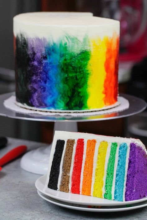 Pride Cake Recipe - Rainbow Layer Cake with Fluffy Vanilla Buttercream Pride Cake Ideas, Pride Cake, Rainbow Layer Cakes, Rainbow Desserts, Purple Cakes, Natural Food Coloring, Vanilla Buttercream Frosting, Rainbow Food, Gel Food Coloring