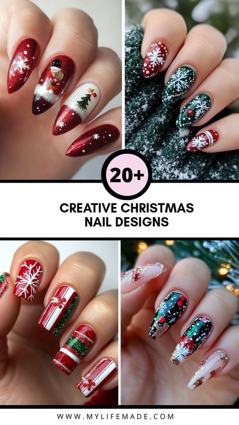 Get into the festive spirit with these stunning Christmas nail design ideas that are perfect for holiday parties or just to add some cheer to your everyday look. From classic red and green manicures to unique patterns and sparkly embellishments, you’ll find inspiration for every style. Experiment with different textures, glitters, and nail art techniques to create eye-catching festive nails. Light up your holidays and ensure your holiday nails make a statement whether you're meeting friends or celebrating with family. Discover more Christmas nail art styles today! Nails Art For Christmas, Maniology Christmas Nails, Christmas Nail Art Ideas & Design, Abstract Holiday Nails, Detailed Christmas Nails, Holiday Nail Art Designs, Argyle Nails Designs, Holiday Nail Ideas Christmas, Classic Holiday Nails