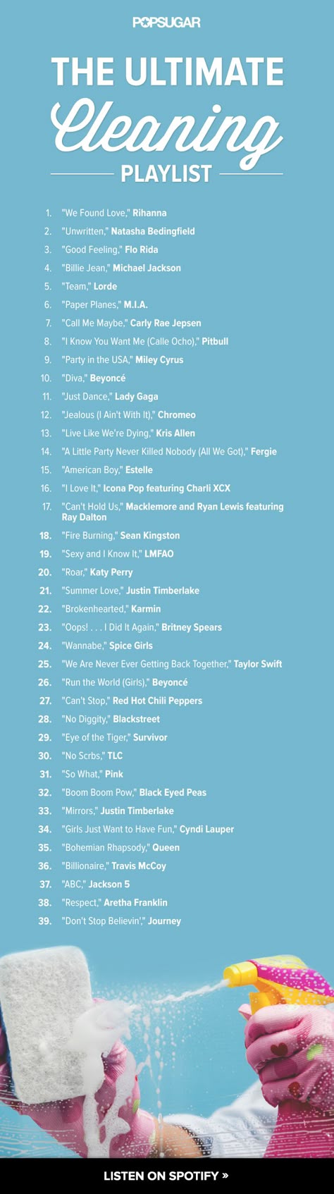 great music can help pass the time and even make cleaning fun. Blast these upbeat ditties in the background of your next tidying task, and it'll be over before you know it! Positive Playlist, Cleaning Playlist, Ultimate Playlist, Mood Music, Quotes Music, Song List, Music Mood, Mood Songs, Song Playlist