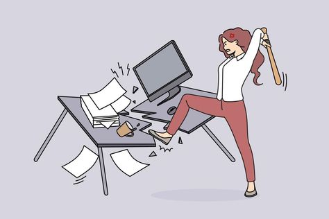 Angry woman employee crash office table suffer from nervous breakdown at workplace. Furious businesswoman break furniture in cabinet having burnout. Vector illustration. Angry Woman, Angry Women, Nervous Breakdown, Cityscape Photos, Logo Banners, Mental And Emotional Health, Office Table, Marketing Design, Custom Illustration