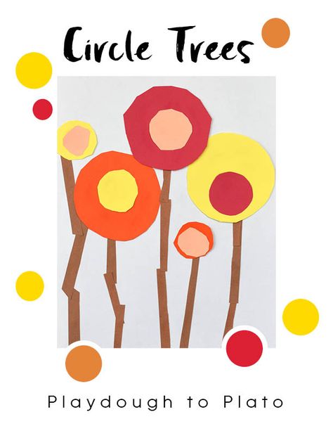 A wonderful art lesson for autumn! These circle trees are  great way to work on creativity, colors and shapes with kindergarten and preschool kids in a fun and easy art lesson! #artlessonsforkids #teachingshapes #FallArt4Kids Circle Art Activities For Preschool, Fall Kindergarten Art Projects, Art Projects For Kids Preschool, Kindergarten Fall Art, Forest Community, Easy Art Projects For Kids, Circle Activities, Easy Art Lessons, Playdough To Plato