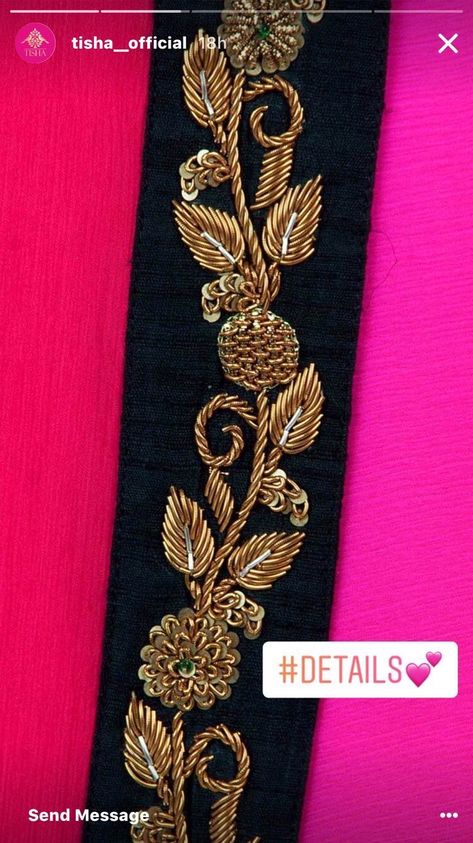 Hand Embroidery Dabka Work, Jardosi Work Design In Dress, Aari Jadai Design, Jardosi Work Design On Blouse, Gold Work Embroidery Blouse, Handwork Belt Design, Hand Work Zardosi Border, Zardozi Work Suits, Jardoshi Work Design