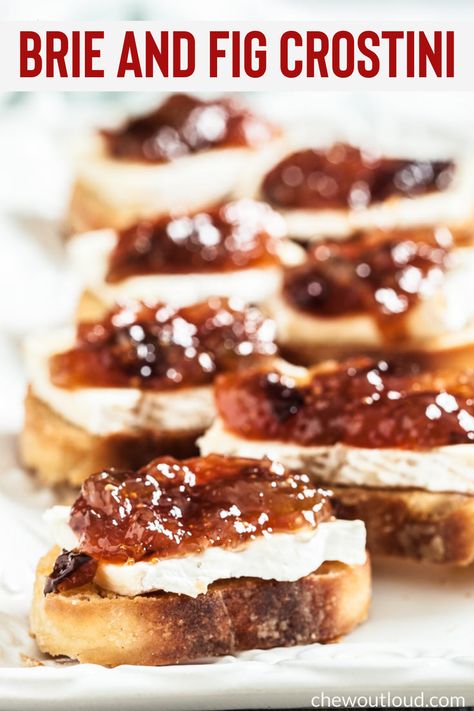 Brie And Fig Crostini, Crostini Appetizers Brie, Crostini With Fig Jam, Fun Happy Hour Appetizers, Fig Crostini Appetizers, Baked Brie Crostini, Holiday Crostini Appetizers, Fig And Brie Appetizers, Brie And Fig Jam Appetizer