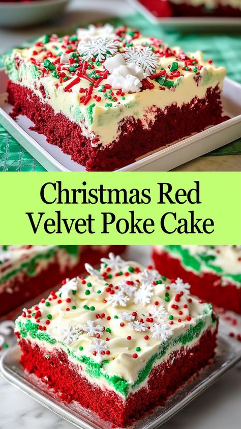 This Red Velvet Poke Cake is a showstopper—moist, creamy, and bursting with festive colors. Perfect for your holiday spread! 🎅🎂 #ChristmasBaking #RedVelvetCake #HolidayDesserts #FestiveGoodies #ChristmasMagic #PokeCakeLove #SweetCelebration #TisTheSeason #DessertGoals #HolidayTreats Easy Xmas Cake Recipe, Xmas Poke Cake, Christmas Cake Homemade, Red Christmas Desserts, Red Velvet Tree Cake, Christmas Red Velvet Cake Decorations, Red Velvet Sweet Potato Pie, Christmas Red Velvet Poke Cake, Christmas Dessert Cakes