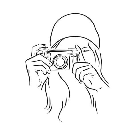 Street photographer girl. photographer, ... | Premium Vector #Freepik #vector #camera-sketch #camera-drawing #vintage-camera #old-camera Photography Drawing Ideas, Logo Drawing Ideas, Camera Drawing Sketches, Photographer Cartoon, Camera Drawing Art, Photograph Drawing, Photographer Drawing, Skin Reference, Camera Sketch