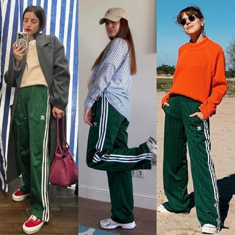 Track Pants Winter Outfit, Green Adidas Pants Outfit, Adidas Firebird Pants Outfit, Green Adidas Pants, Transeasonal Outfits, Adidas Pants Outfit, Emmanuelle Alt Style, Adidas Firebird, Sport Casual Outfit