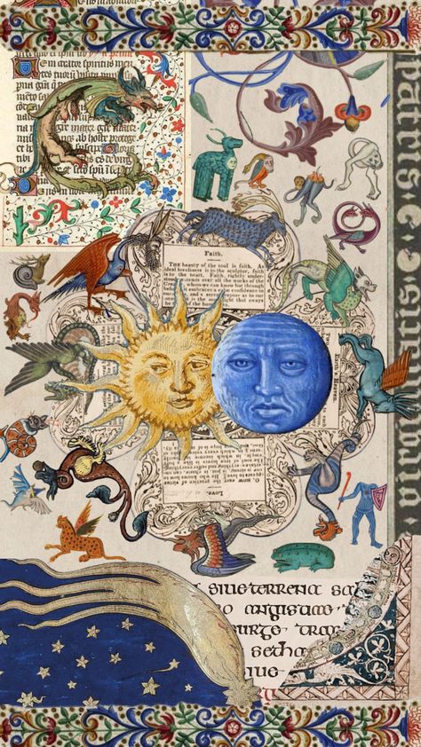 #medieval #medievalart #illuminatedmanuscript #art #moon #sun #celestial #history Sun Celestial, Medieval Artwork, Medieval Aesthetic, Medieval Books, Art Moon, Medieval Manuscript, Biblical Art, Antique Illustration, Collage Background