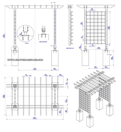 Wooden trellis arbor plan - Assembly 2D drawing Pergola Structure Design, Construction Details Of Wooden Pergolas, Pergola Drawing Plan, Pergola Details Drawing, Wooden Pergola Designs, Pergola Drawing, Pergola Details, Wooden Pergolas, Arbor Plans