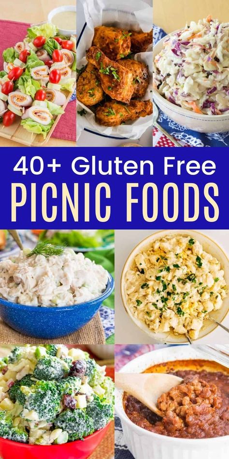 Over 40 Gluten Free Picnic Foods - recipes and ideas to enjoy when eating outside all summer long, whether it's a backyard barbecue, lunch in the park, or an outdoor potluck party. Delicious dishes to share and enjoy with family and friends! Gluten Free Lunch For A Crowd, Gluten Free Camping Recipes, Easy Gluten Free For A Crowd, Gluten Free Summer Snacks, Gluten Free Picnic Ideas, Gluten Free Boat Snacks, Gluten Free Camping Snacks, Gf Picnic Food Ideas, Gluten Free Camping Meals Easy