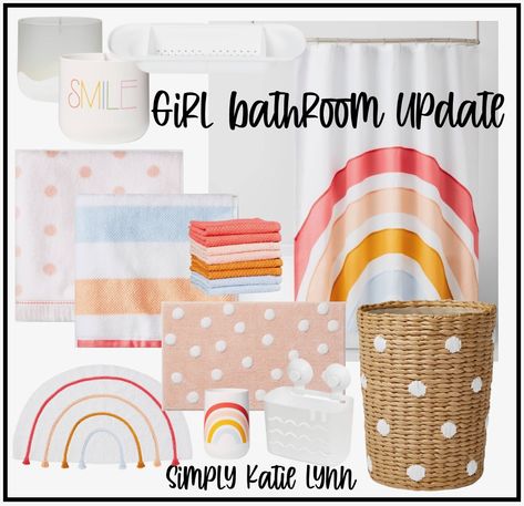 Boho Rainbow Bathroom Decor, Pillowfort Bathroom, Kids Bathroom Ideas Girl, Girls Bathroom Ideas Sisters, Pastel Rainbow Bathroom, Rainbow Bathroom Kids, Boho Rainbow Bathroom, Bathtub Curtain Ideas, Toddler Girl Bathroom