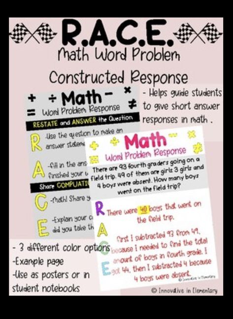 Great resource to help students give constructed responses in math. If your are already using RACE for language arts this is a great way to keep things consistent. Race Strategy For Math, Race Response, 3rd Grade Classroom Ideas, Races Writing Strategy, Race Strategy, Math Anchor Chart, Teacher Tricks, Race Writing, Constructed Response