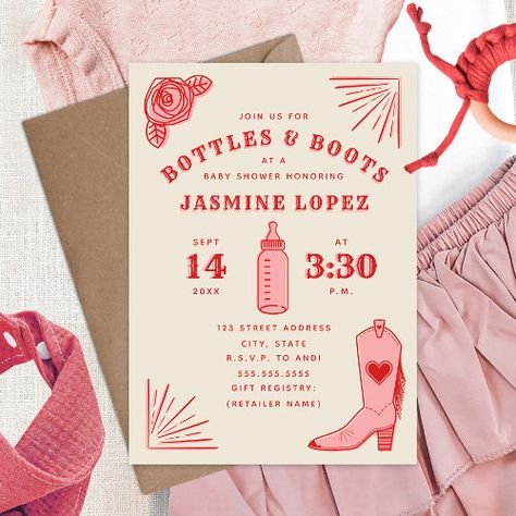 Bottles & Boots Cowgirl Baby Shower for $2.85 - Pregnancy Announcements Cowgirl Baby Shower Theme, Cowgirl Baby Shower Invitations, Rodeo Baby Shower, Cowgirl Baby Shower, Rodeo Baby, Cowgirl Baby Showers, Country Baby Shower, Cowgirl Baby, Cowboy Baby Shower