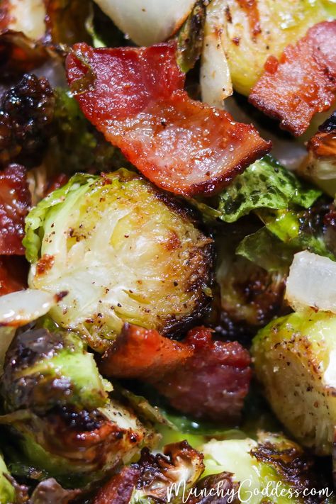 Air fried Brussels sprouts with bacon, maple syrup, and onion. Maple Brussel Sprouts, Bacon Maple Syrup, Maple Bacon Brussel Sprouts, Brussels Sprouts Bacon, Fried Brussels Sprouts, Air Fryer Brussels Sprouts, Fried Brussel Sprouts, Brussels Sprouts With Bacon, Bacon Brussel Sprouts