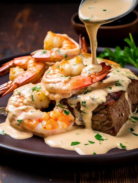 Sirloin Steak with Creamy Cajun Shrimp Topping Filet Mignon And Shrimp, Steak And Creamy Shrimp, Steak And Creamy Garlic Shrimp, Shrimp And Steak Recipes, Steak With Shrimp Topping, Sirloin Steak And Shrimp Recipes, Steak And Seafood Skillet With Garlic Parmesan Sauce, Steak In Creamy Cajun Shrimp Sauce, Steak And Shrimp Recipes