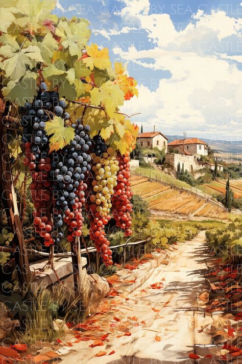 "\"Vineyard Vista\" presents a picturesque scene of a vineyard during harvest season, adorned with lush green vines heavy with ripe grapes. This printable art captures the essence of the wine country landscape in exquisite watercolor detail, offering a serene and idyllic view. In this artwork, the rolling hills of the vineyard are depicted in soft watercolor hues, creating a sense of depth and tranquility. Ripe grape clusters hang from the vines, ready to be harvested, while the surrounding landscape exudes a sense of peaceful abundance. We pour our passion and skill into each portrait, meticulously crafting every detail to portray the unique personality, emotions, and relationships of the subjects. Whether it's a beloved family member, a cherished pet, or a special moment frozen in time, European Vineyard, Vineyard Aesthetic, Vineyard Painting, Vineyard Artwork, Tuscany Vineyard, Vineyard Art, Grape Vineyard, Picturesque Landscape, Black Forest Germany