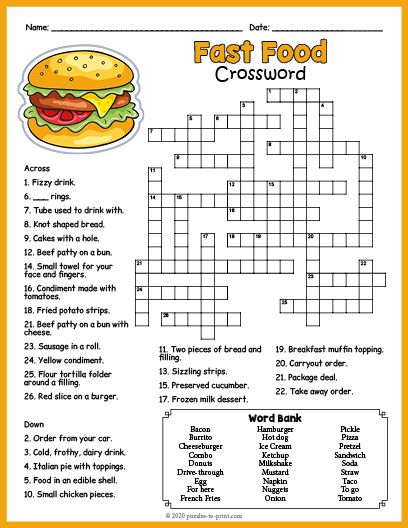 Free Printable Fast Food Food Crossword, Food For Infants, Kids Crossword Puzzles, Free Printable Crossword Puzzles, Word Puzzles For Kids, Puzzle Food, Printable Crossword Puzzles, Puzzle Worksheet, Free Worksheets For Kids