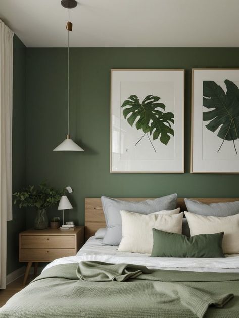 Create a serene and natural atmosphere in your bedroom by hanging a large nature-inspired artwork above the bed. Complement the artwork with minimalist wooden nightstands and incorporate leafy green plants for a refreshing touch. Minimalist Plant Bedroom, Leafy Bedroom, Bedroom Loft Bed, Plant Bedroom, Deco Bedroom, Bedroom Loft, Bedroom Art, Green Plants, Nature Inspired