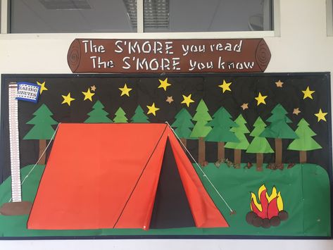 Classroom Themes Camping, Camp Out With A Good Book, Adventure Begins At Your Library Decorations, Camping Bulletin Boards For School, Camping Book Fair Theme, Tent Bulletin Board, Camping Decorations For Classroom, Camping Theme Bulletin Boards, Camping Bulletin Board Ideas