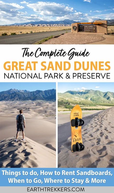 Great Sand Dunes National Park and Preserve: the Complete Guide. Best things to do, when to go, how to rent sandboards, where to stay, and tips to have the best experience. #greatsanddunes #nationalpark #gsdnp Great Dunes National Park, Great Sands National Park, Colorado Sand Dunes National Park, Great Sand Dunes National Park Colorado, Sand Sledding, Colorado Sand Dunes, Sand Dunes National Park Colorado, Denver Trip, Colorado National Parks