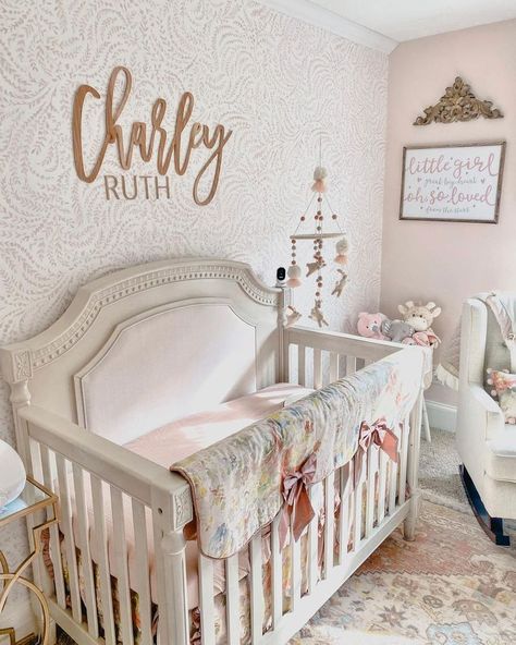 Antique White Crib Nursery Ideas, Ivory Crib Nursery, Upholstered Crib Nursery, Girl Crib Ideas, Baby Girl Crib Ideas, French Country Baby Nursery Ideas, Southern Nursery Ideas, White Crib Nursery Girl