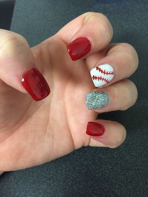 Softball And Baseball Nails, Baseball Nails With Number, Atlanta Braves Nails Designs, Baseball Gel Nails, Baseball Gel Nails Ideas, Baseball Acrylic Nails, Baseball Toe Nail Designs, Baseball Nails Acrylic, Baseball Nail Ideas