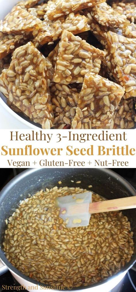 Sunflower Seed Brittle (Vegan, Gluten-Free) | Strength and Sunshine | This easy 3-ingredient Sunflower Seed Brittle recipe is a sweet, nutty, and crunchy treat perfect as a healthy snack or delicious edible holiday gift idea! Naturally gluten-free, vegan, and paleo, this low-sugar brittle recipe is easy to customize with flavors, spices, and liquid sweeteners like vegan honey! Make it crisp and crunchy or soft and chewy, everyone will want a piece! Sunflower Seed Chocolate Bites, Quinoa Brittle Recipe, Healthy Gluten Free Snack Ideas, Vegan Seed Bars, Candied Sunflower Seeds, Soft Brittle Recipe, Sesame Seed Brittle, Nut And Seed Biscuits, Recipes Using Sunflower Seeds