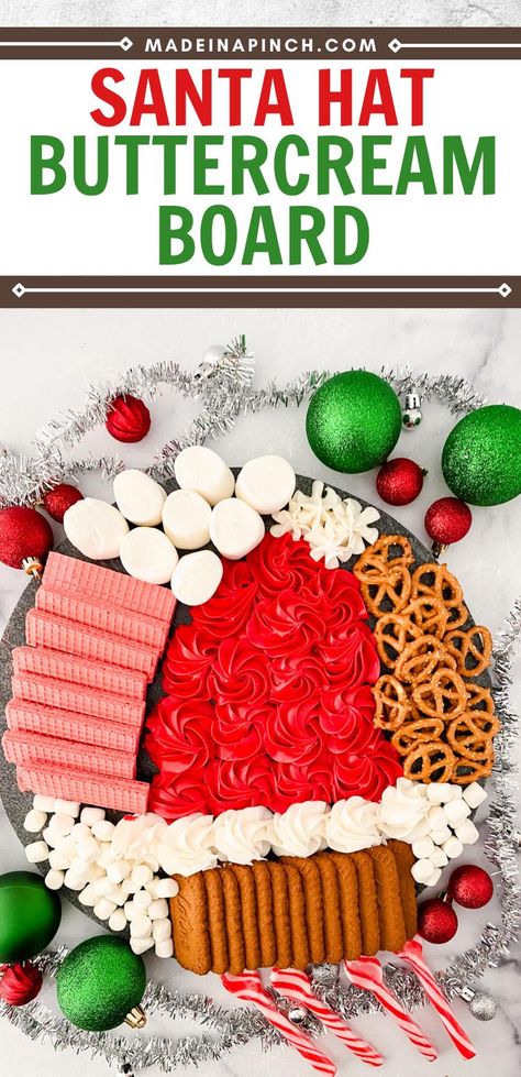 Pin image featuring a picture of this Santa hat buttercream board and at the top are the website: "madeinapinch.com" and the words "Santa Hat Buttercream Board." Buttercream Board Charcuterie, Christmas Buttercream Board, Holiday Butter Board, Frosting Charcuterie Board, Buttercream Charcuterie Board, Easy Dessert Charcuterie Board, Christmas Dessert Charcuterie Board, Frosting Board, Christmas Dessert Board