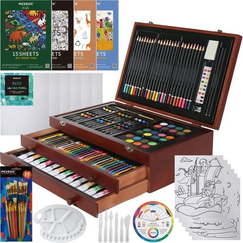 MEEDEN 215-Pcs Art Supplies Kit, Deluxe Painting, Drawing & Art Supplies with Wood Art Case,Coloring Pencils, Oil Pastels, Acrylic, Oil, Watercolor Paints, Paint Brushes, etc, for Artists and Kids Drawing Art Supplies, Coloring Pencils, Watercolor Cake, Art Birthday Party, Creative Arts And Crafts, Watercolor Paints, Art Case, Oil Pastels, Art Brushes