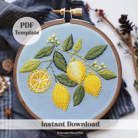 INCREDIBLE OFFER! ACCESS TO MY ENTIRE STORE + UPDATES https://www.etsy.com/listing/1689376920 Delightful Lemons Hand Embroidery Pattern Bring a touch of citrus charm to your embroidery projects with this delightful Lemons hand embroidery pattern! Perfect for nature lovers and embroidery enthusiasts, this pattern captures the vibrant beauty of fresh lemons. Get your hoop ready and let's stitch up some zesty magic with this cheerful embroidery project! Happy stitching! Each PDF file includes: ❤ Th Citrus Embroidery, Embroidered Lemon, Lemon Embroidery, Fruit Embroidery, Water Soluble Paper, Embroidery Kitchen, Dekor Diy, Crafts For Adults, Embroidery Template