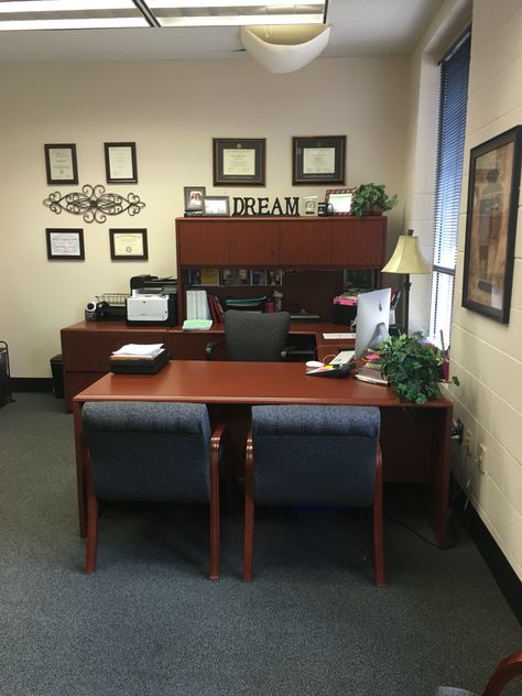 Principal's office decor make over Life Insurance Office Decor, Men Office Decor At Work, School Office Ideas Principal, Rental Office Decor, Small Work Office Ideas Professional, School Director Office, Office Manager Office Decor, University Office Decor, Vice Principal Office Decor