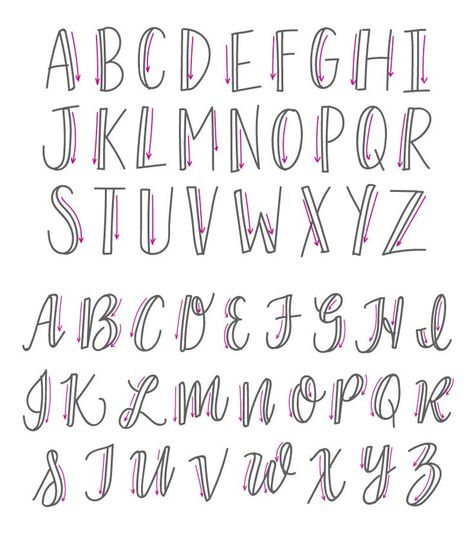 Lettering Alphabet mit Pfeilen Auf- und Abstriche Fake Calligraphy Tutorial, Journal Inspiration Quotes, Fake Calligraphy, Lettering Practice Sheets, Alfabet Font, Bullet Journal Font, Lettering Guide, Handlettering Quotes, Journal Fonts