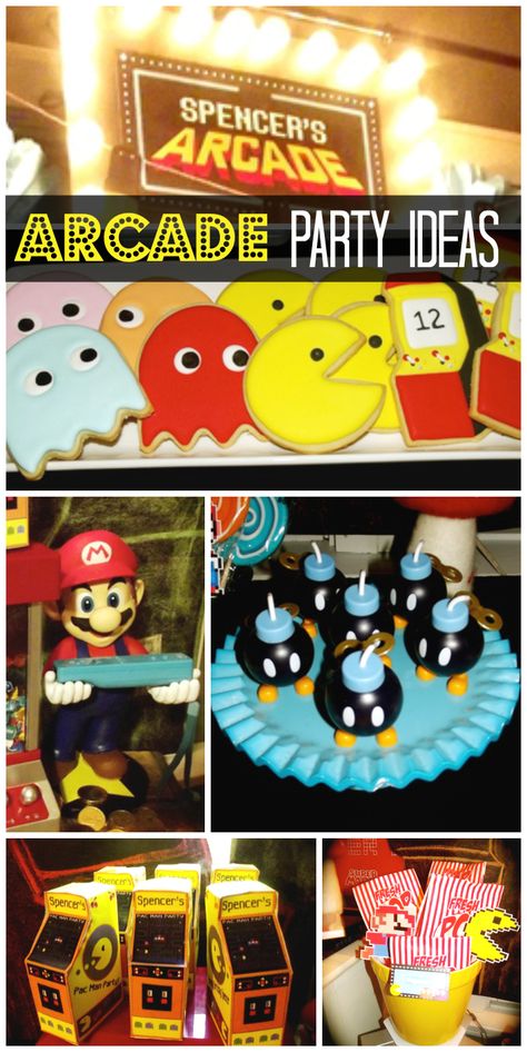 Video game arcade is the fun theme of this boy birthday party!  See more party ideas at CatchMyParty.com! Retro Games Party, Arcade Theme Party, Tetris Party, Arcade Theme, Boy Party Games, Arcade Birthday Parties, Arcade Birthday, Video Game Arcade, Arcade Party