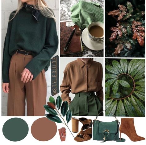 Emerald Button Down Shirt Outfit, Forest Green And Brown Outfit, Colors That Go With Green Outfits, Outfit Color Combinations Ideas, Brown Matching Colors Clothes, Elegant Colour Combinations, Dark Green Combination Outfit, Autumn Colour Outfits, Color Palette For Clothes