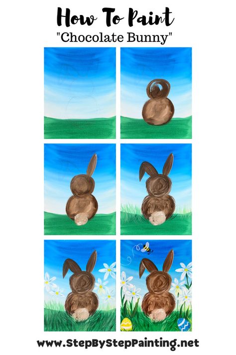 Kids Bunny Painting, How To Paint Bunny, Easter Painting Tutorial, Step By Step Easter Painting, How To Paint A Bunny Step By Step, Bunny Painting Acrylic Easy, Easy Bunny Paintings For Beginners, Bunny Painting Simple, Easter Paint Night Ideas