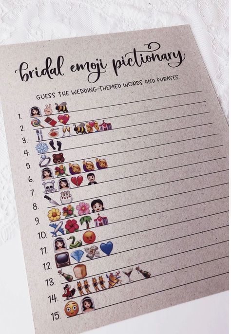 Wedding Emoji, Bridal Party Games, Rustic Paper, Emoji Pictionary, Bridal Shower Printables, Unique Bridal Shower, Wedding Themed, Bridal Shower Brunch, Bachelorette Ideas