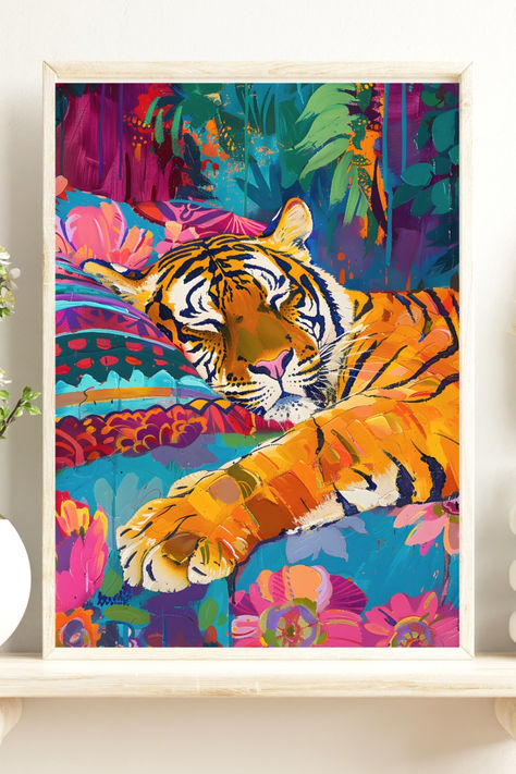 Elevate your space with our vibrant Maximalist Eclectic Tiger digital wall art print! Perfect for adding a splash of the bright color aesthetic to any room, this downloadable dopamine wall art piece bring a fresh and lively touch to your decor. Download and Print today! Tiger Painting Aesthetic, Colorful Tiger Painting, Vibrant Painting Ideas, Tiger Bedroom Ideas, Big Paintings For Living Room, Bright Color Aesthetic, Vibrant Maximalist, Eclectic Paintings, Art Competition Ideas